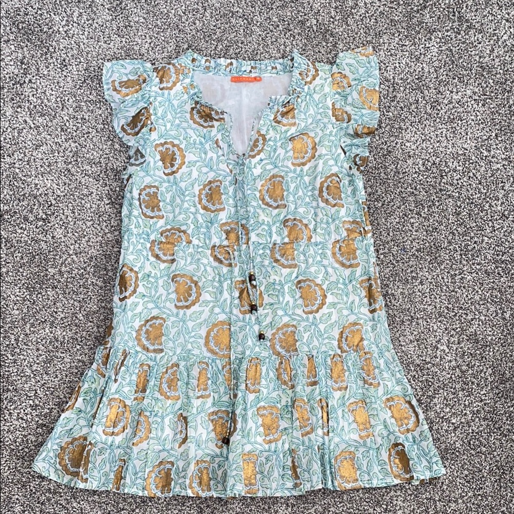 Oliphant Mini Dress with Gold and Blue Floral Pattern